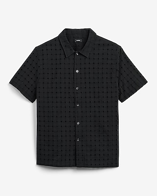 Textured Check Eyelet Cotton Short Sleeve Shirt