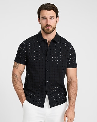 Textured Check Eyelet Cotton Short Sleeve Shirt