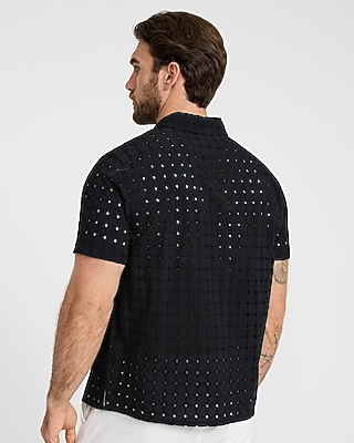 Textured Check Eyelet Cotton Short Sleeve Shirt