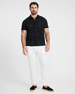 Textured Check Eyelet Cotton Short Sleeve Shirt