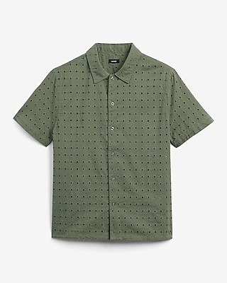 Textured Check Eyelet Cotton Short Sleeve Shirt