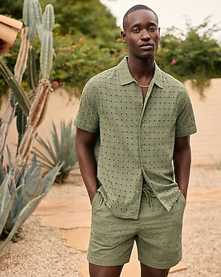 Textured Check Eyelet Cotton Short Sleeve Shirt