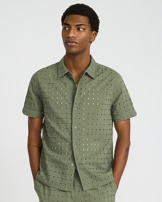 Textured Check Eyelet Cotton Short Sleeve Shirt