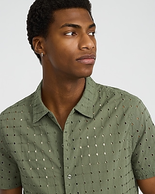 Textured Check Eyelet Cotton Short Sleeve Shirt