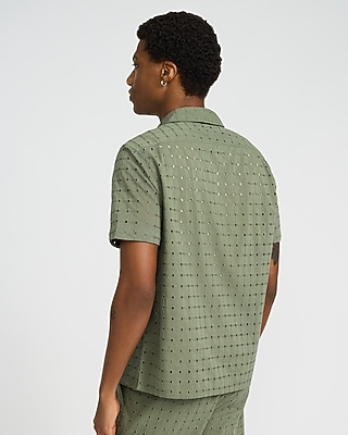 Textured Check Eyelet Cotton Short Sleeve Shirt
