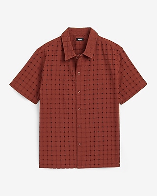 Textured Check Eyelet Cotton Short Sleeve Shirt