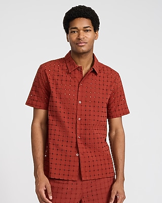 Textured Check Eyelet Cotton Short Sleeve Shirt