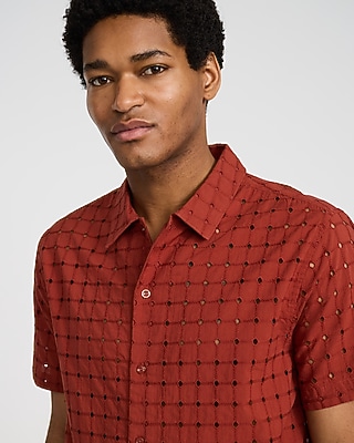 Textured Check Eyelet Cotton Short Sleeve Shirt