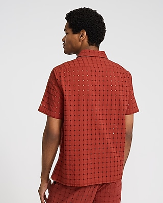 Textured Check Eyelet Cotton Short Sleeve Shirt