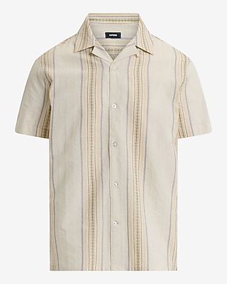 Textured Embroidered Striped Short Sleeve Shirt