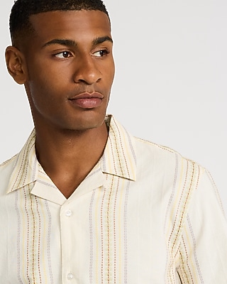 Textured Embroidered Striped Short Sleeve Shirt