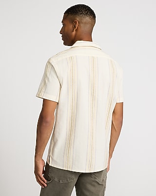 Textured Embroidered Striped Short Sleeve Shirt