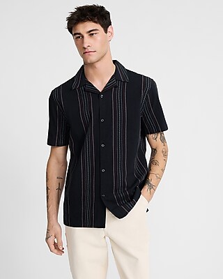 Textured Embroidered Striped Short Sleeve Shirt