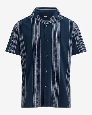 Textured Embroidered Striped Short Sleeve Shirt