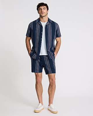 Textured Embroidered Striped Short Sleeve Shirt