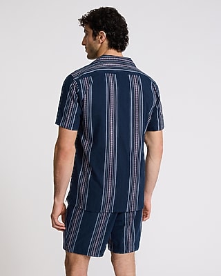 Textured Embroidered Striped Short Sleeve Shirt