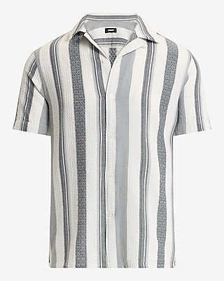 Textured Printed Striped Cotton Short Sleeve Shirt