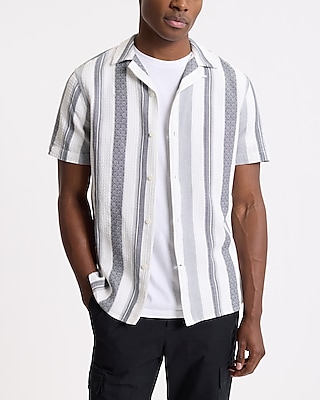 Textured Printed Striped Cotton Short Sleeve Shirt