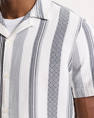 Textured Printed Striped Cotton Short Sleeve Shirt