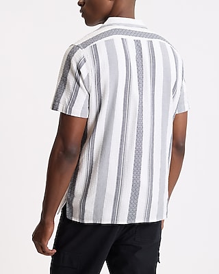 Textured Printed Striped Cotton Short Sleeve Shirt