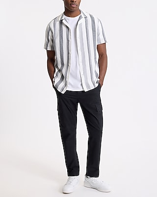 Textured Printed Striped Cotton Short Sleeve Shirt