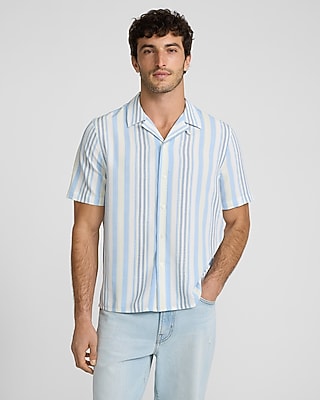 トップス Stripe Open Collar Short Sleeve Shirt L Cotton Linen Open Collar Shirt | Short Sleeve | Striped