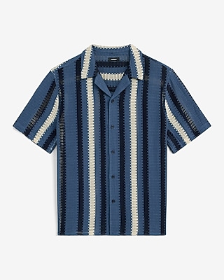 Textured Open Knit Stripe Short Sleeve Shirt