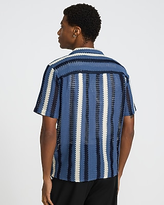 Textured Open Knit Stripe Short Sleeve Shirt