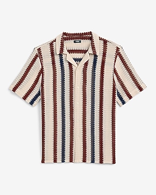 Textured Open Knit Stripe Short Sleeve Shirt