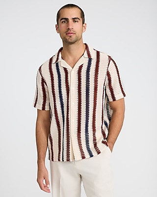 Textured Open Knit Stripe Short Sleeve Shirt