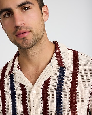 Textured Open Knit Stripe Short Sleeve Shirt