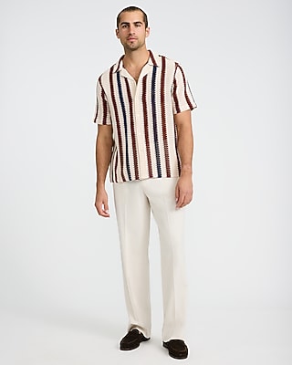 Textured Open Knit Stripe Short Sleeve Shirt