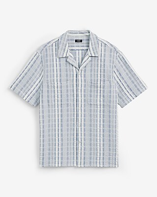 Textured Grid Striped Cotton Short Sleeve Shirt