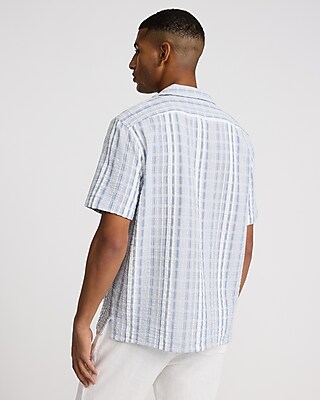 Textured Grid Striped Cotton Short Sleeve Shirt