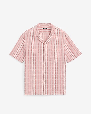 Textured Grid Striped Cotton Short Sleeve Shirt - image 5