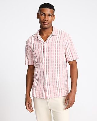 Textured Grid Striped Cotton Short Sleeve Shirt - image 2