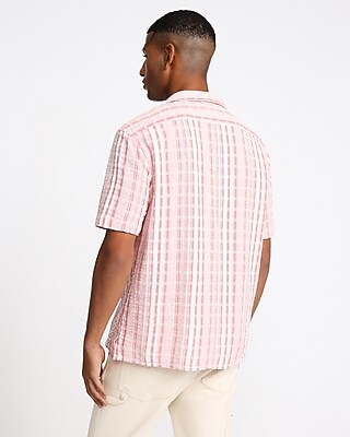 Textured Grid Striped Cotton Short Sleeve Shirt - image 3