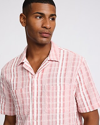 Textured Grid Striped Cotton Short Sleeve Shirt - image 4