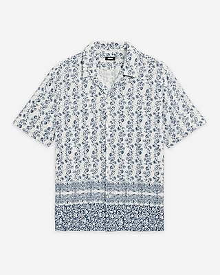 Bordered Floral Linen-Blend Short Sleeve Shirt