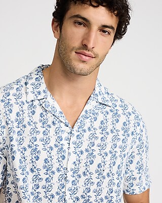 Bordered Floral Linen-Blend Short Sleeve Shirt