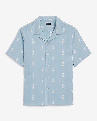 Textured Floral Striped Cotton-Blend Short Sleeve Shirt
