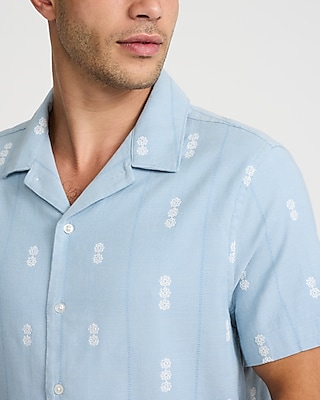 Textured Floral Striped Cotton-Blend Short Sleeve Shirt