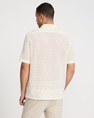 Sheer Lace Cotton-Blend Short Sleeve Shirt