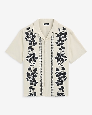 Contrast Floral Linen Cotton Short Sleeve Shirt