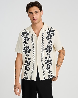 Contrast Floral Linen Cotton Short Sleeve Shirt
