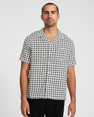 Geo Tile Camp Collar Rayon Short Sleeve Shirt | Express