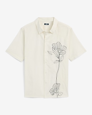 Embroidered Contrast Flower Cotton Ivory Short Sleeve Shirt
