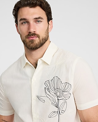 Embroidered Contrast Flower Cotton Ivory Short Sleeve Shirt