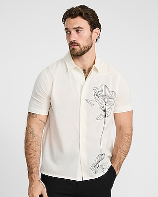 Embroidered Contrast Flower Cotton Ivory Short Sleeve Shirt