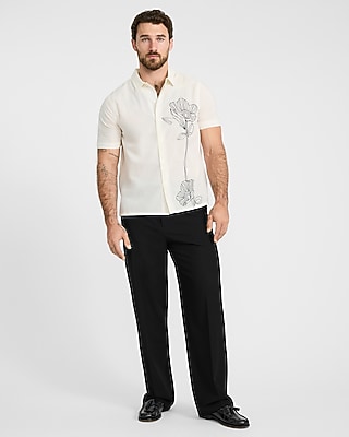 Embroidered Contrast Flower Cotton Ivory Short Sleeve Shirt